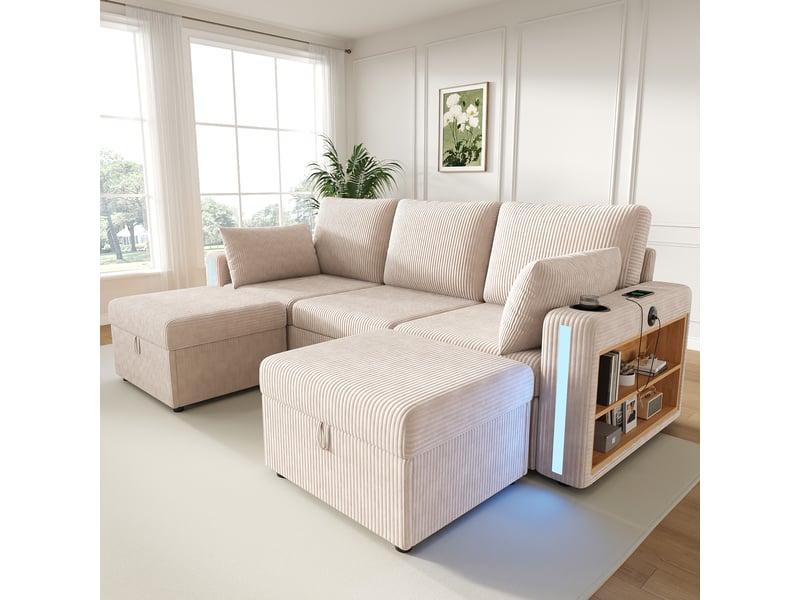  Canapé d'angle modulable en u ou l, velours côtelé beige 5 places, avec 2 poufs de rangement et éclairage led, pour salon moderne  - Conforama D
