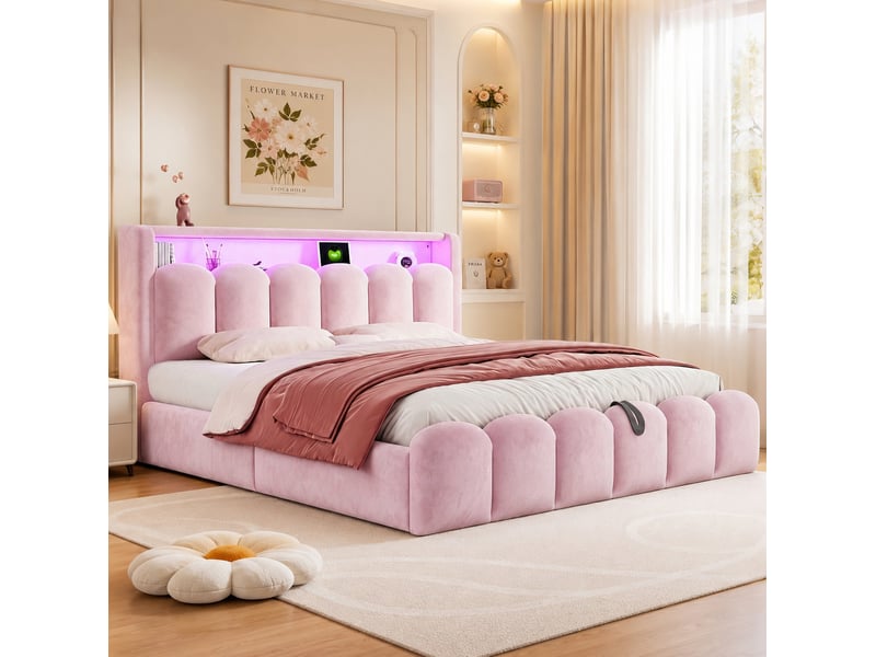  Lit coffre 180 × 200 cm 2 places avec rangement hydraulique, led, usb et type-c, sans matelas, velours rose  - Conforama B