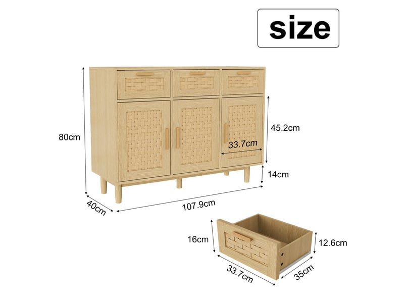 Buffet bahut - 3 tiroirs 3 portes - 107.9 x 40 x 80 cm - rotin tressé - style scandinave - rangement salon cuisine - en chêne - Conforama E
