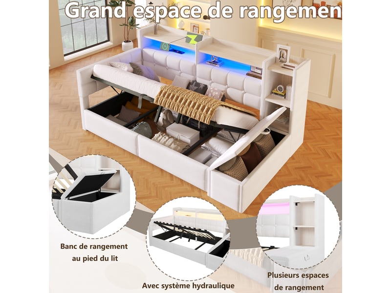  Lit coffre hydraulique 90x200 cm avec led multicolore, usb et usb-c et banc coffre, velours blanc, sans matelas  - Conforama R