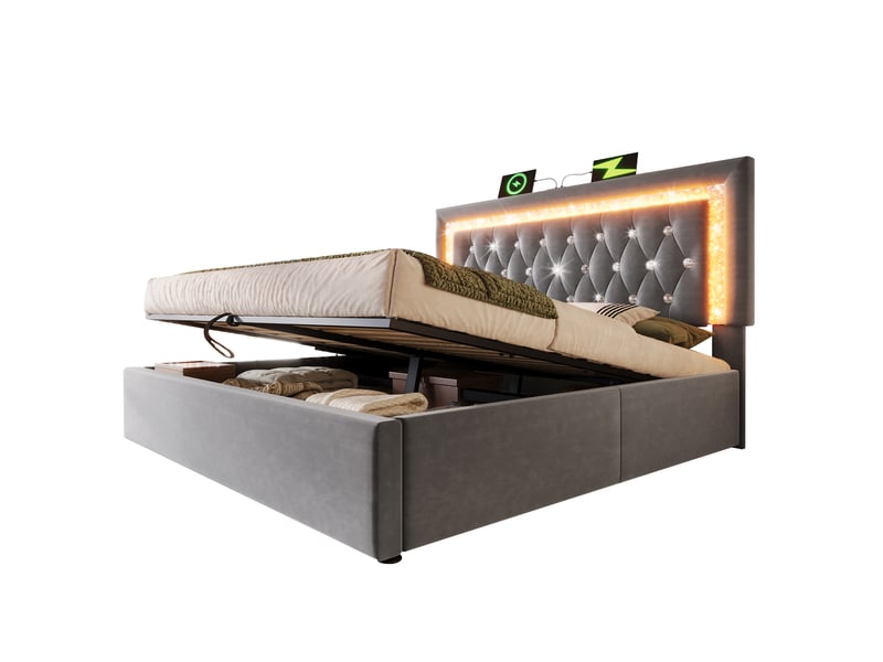  Modenvie lit coffre 140x200 cm - led intégrée, ports usb-c et rangement hydraulique, matelas inclus - gris  - Conforama A