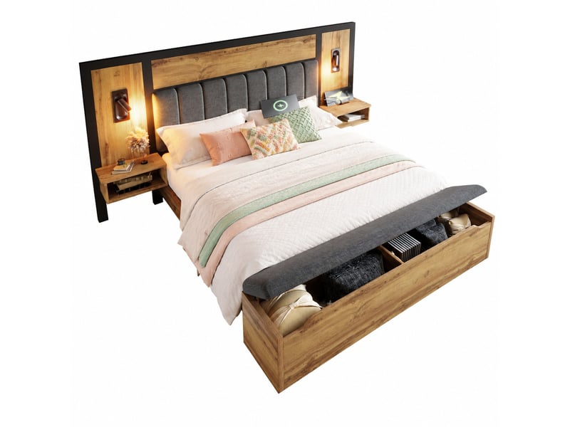  Lit double capitonné 160 x 200 cm chêne avec liseuses, chevets, charge usbtype-c et banc de rangement  - Conforama A