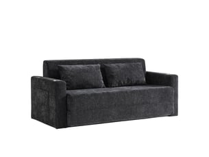 Canapé-lit 2 places convertible, tissu chenille, usb, porte-gobelets, 2 coussins, bleu