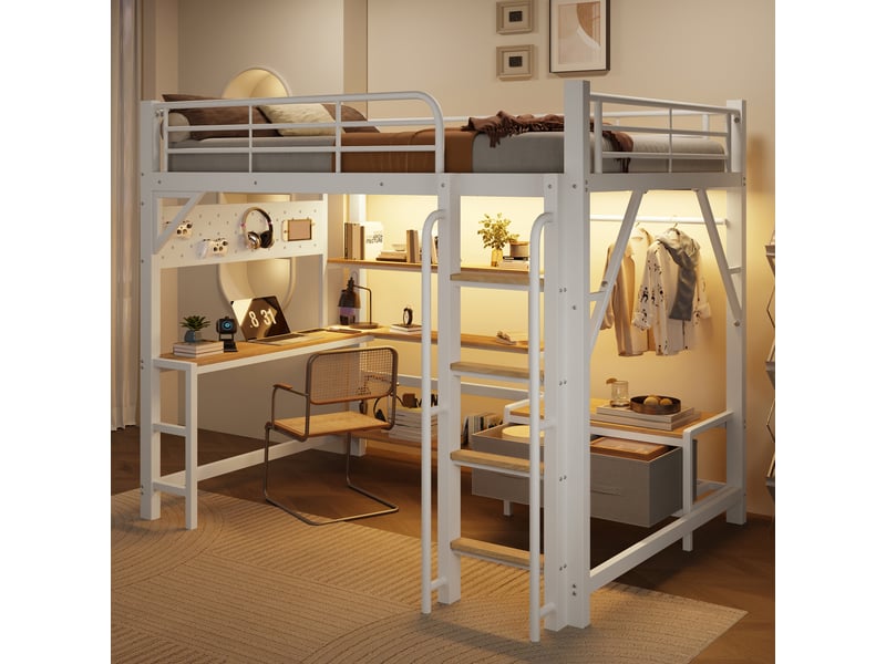  Lit mezzanine enfant 140×200 cm, étagères, 2 tiroirs, bureau, led et usb - okmyhome- blanc, sans matelas  - Conforama B