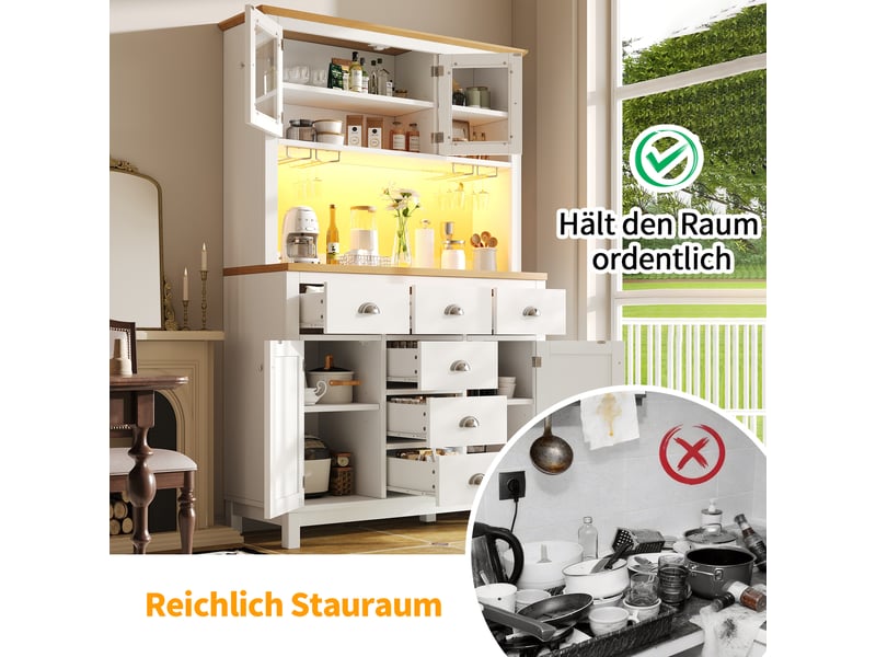 Buffet haut 104x40x180 cm blanc, meuble de rangement style campagne avec 4 portes, led, porte-bouteilles, étagères et grand espace de stockage - Conforama E