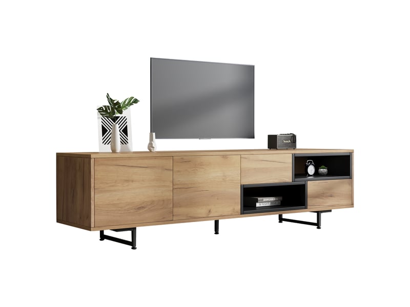  Meuble tv 173 cm pour tv jusqu'à 70 pouces avec rangements ouverts et tiroirs couleur bois  - Conforama A