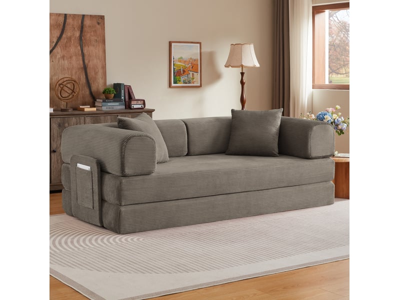 Canapé convertible 204x97x65 cm en velours côtelé et mousse avec 2 coussins taupe chicfurn - Conforama C