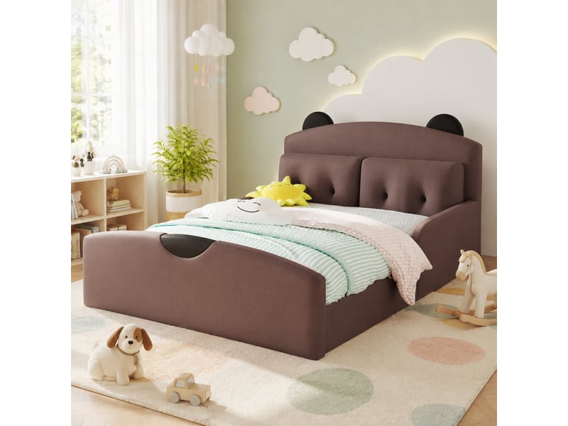  Lit plateforme 140x200 cm équipé de deux coussins décoratifs, tête de lit en forme d'ours, mdf, marron, matelas non fourni  - Conforama B