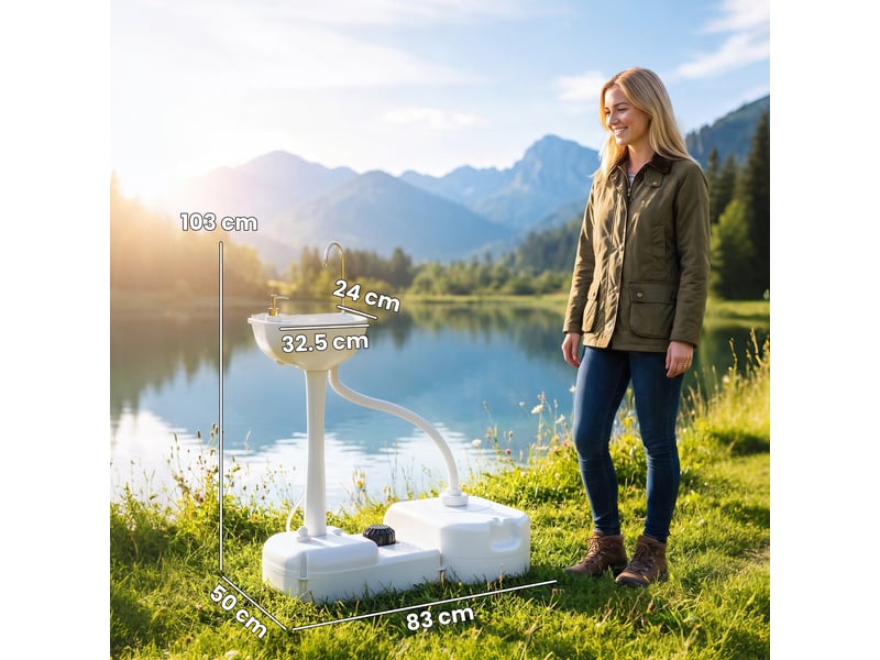  Évier de camping portable avec 2 roues, réservoir d'eau de 17 l et réservoir de savon de 2,5 l, 83 x 50 x 103 cm  - Conforama E