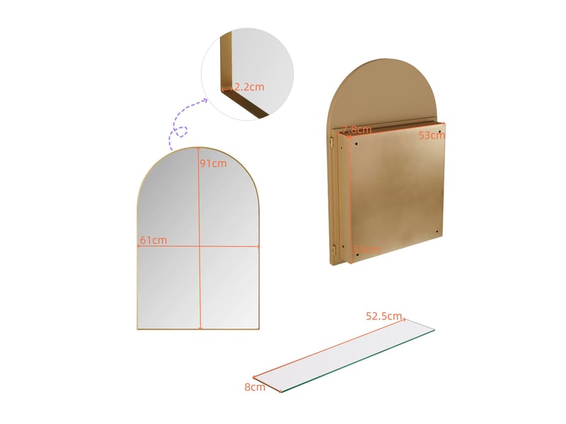  Armoire de toilette miroir arquée 91x61x12 cm, murale ou encastrable, 2 tablettes en verre, métal doré  - Conforama C