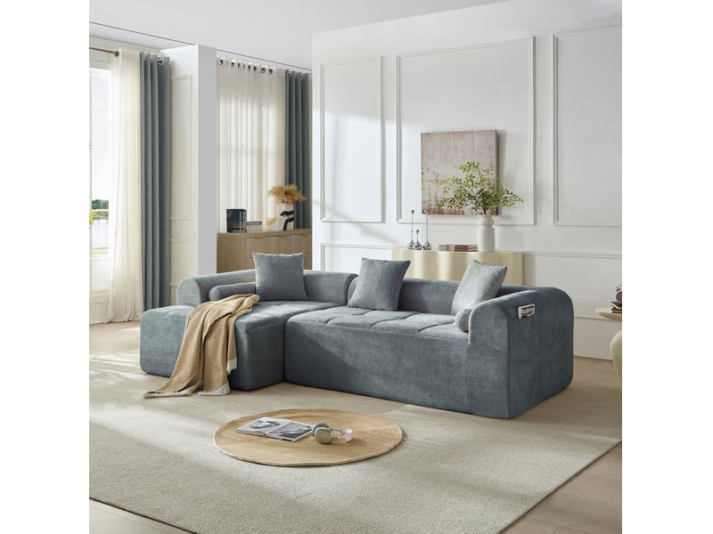 Canapé d'angle 263 x 132,5 cm bleu en chenille, 4 places avec poche latérale intégrée et assise à ressorts - Conforama B