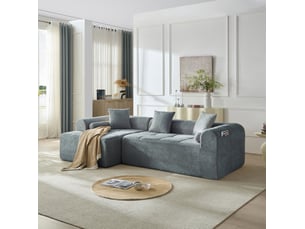 Canapé d'angle 263 x 132,5 cm bleu en chenille, 4 places avec poche latérale intégrée et assise à ressorts
