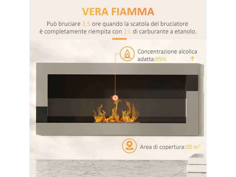  Cheminée à bioéthanol en acier inoxydable, autonomie de 2,5 h avec un réservoir de 1,5 l et une surface de chauffe de 20 m², 90 x 16 x 40 cm, argent  - Conforama D