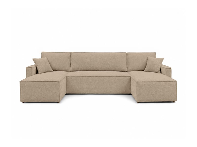  Farah - canapé d'angle panoramique convertible 6 places accoudoirs slim en tissu bouclettes généreuses  - Conforama E