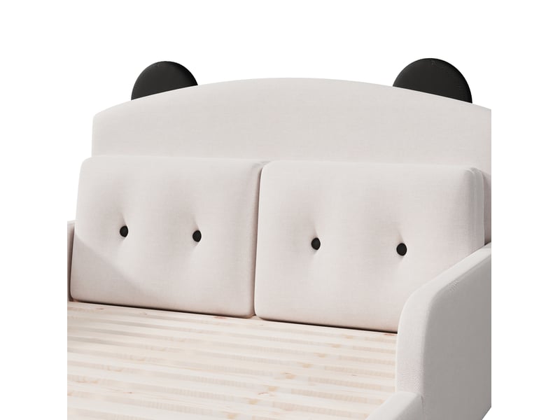  Lit plateforme 140x200 cm, mdf blanc, tête de lit rembourrée motif ours, design ours, base à lattes et 2 coussins décoratifs  - Conforama E