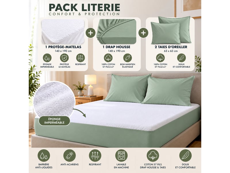  Pack literie protège matelas 140x190 imperméable + drap housse + 2 taies sauge  - Conforama B