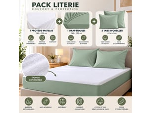 Pack literie protège matelas 140x190 imperméable + drap housse + 2 taies sauge