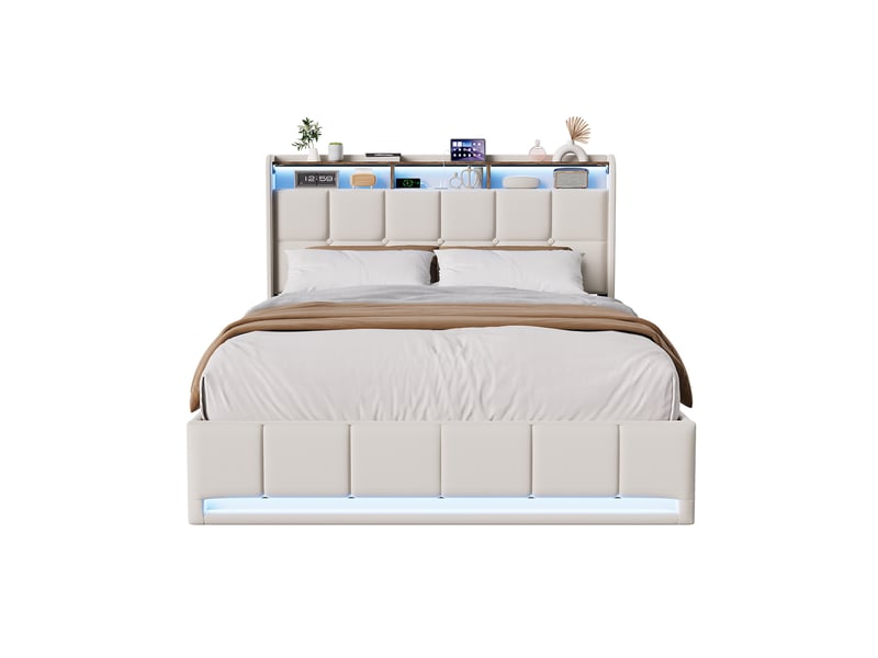  Lit coffre 140x200 cm led rgb sous-lit, lit capitonné avec usb, sommier à lattes  - Conforama A