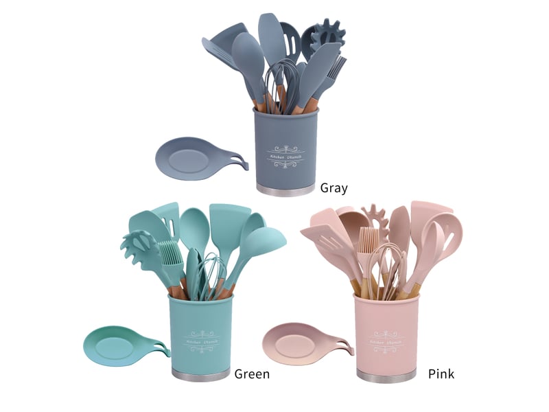 Ensemble de 13 ustensiles de cuisine en silicone rose avec seau de rangement et poêle antiadhésive - Conforama B