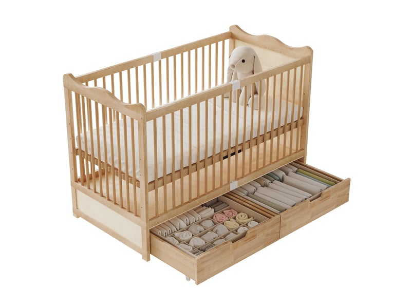  Lit bébé à barreaux 70x140 cm en bois de pin massif avec tiroirs de rangement, couleur naturelle  - Conforama A
