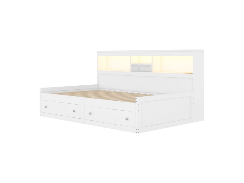  Lit banquette blanc 90x200 cm, 2 tiroirs, led, 2 usb et 2 prises intégrées  - Conforama E