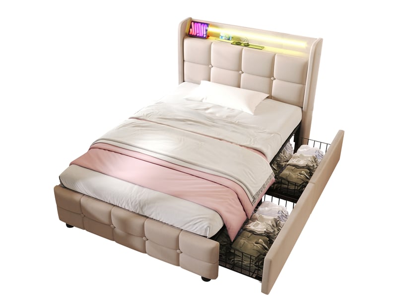  Lit avec rangement 90x200 cm, deux tiroirs et tête de lit led  - Conforama R