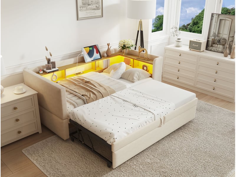 Lit gigogne enfant 90x190 cm, canapé-lit, rangement, prises, sommier, éclairage led, flanelle beige, sans matelas - Conforama E