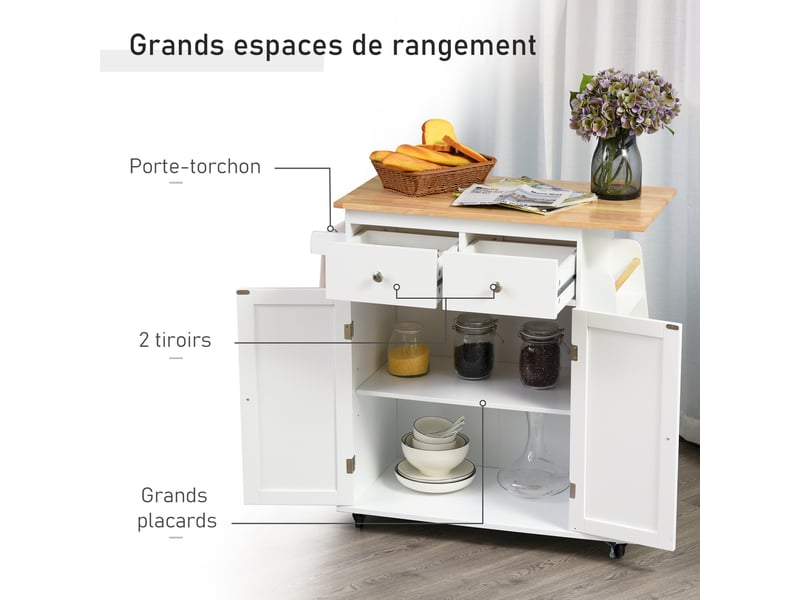  Desserte de cuisine ilôt cuisine avec plan de travail étagère range-bouteilles porte-torchons 2 placard tiroirs  - Conforama A