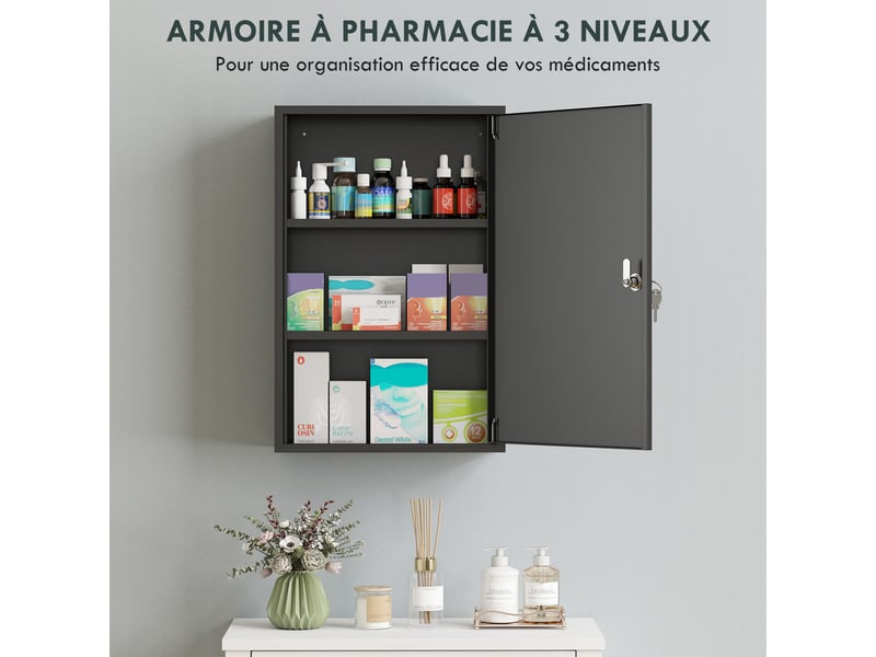  Armoire à pharmacie 2 étagères 3 niveaux verrouillable, dim. 40l x 18l x 60h cm, métal, 2 clés, noir  - Conforama E