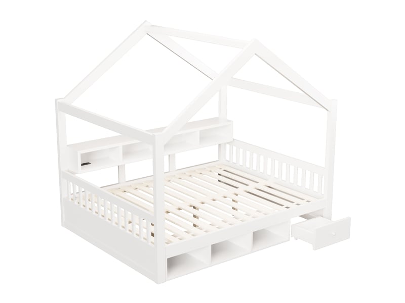  Lit 140x200 cm avec cadre de toit, rangements, bois et mdf blanc sans matelas  - Conforama E