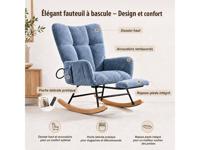 Chaise à bascule ergonomique en tissu chenille bleu avec repose‑pieds rétractable, poche de rangement, structure métal et bois massif, charge 120 kg - Conforama B