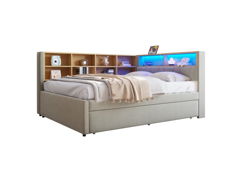  Lit gigogne 140x200 et 90x190 cm, avec rangements et ports usb et type-c, en tissu, gris clair, sans matelas  - Conforama E