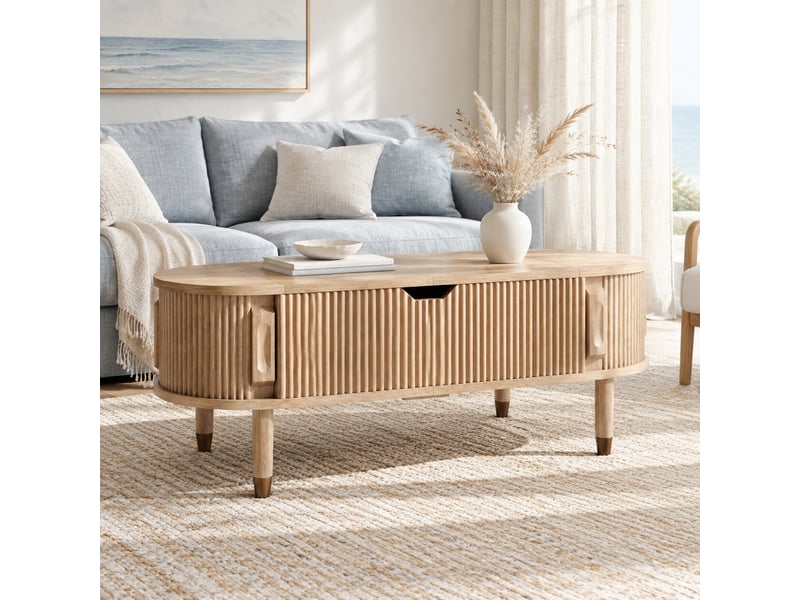  Table basse ovale relevable hydraulique avec rangement – mdf et pieds en hévéa – naturel – 110 x 48 x 57 cm  - Conforama B