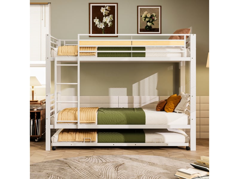 Lits superposés 90 × 200 cm en métal blanc avec lit gigogne sur roulettes IKSETERA TRADING LTD - Conforama E