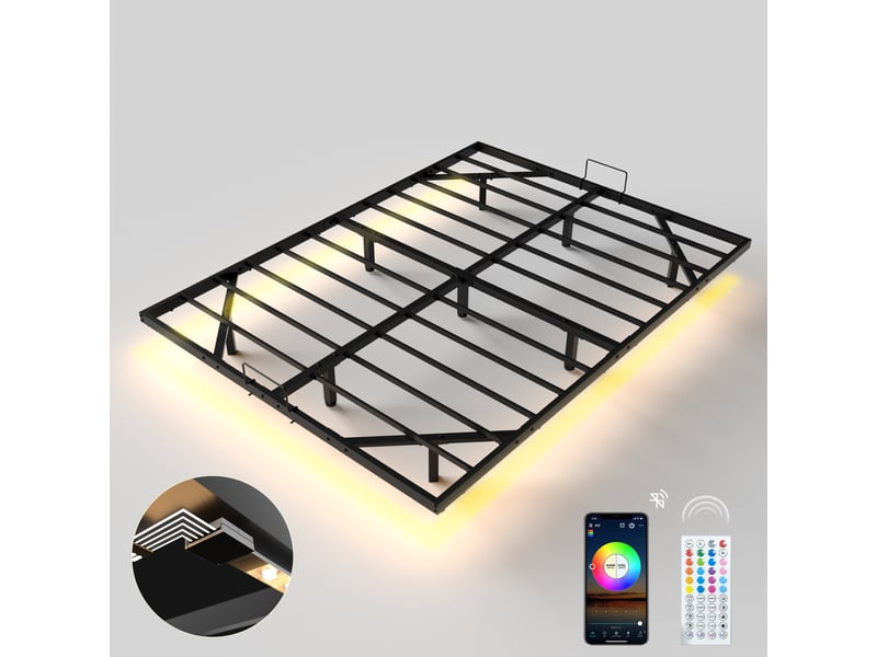  Cadre de lit led en métal 140x200 cm, hauteur 20 cm, cadre de lit flottant, pieds dissimulés, noir  - Conforama E