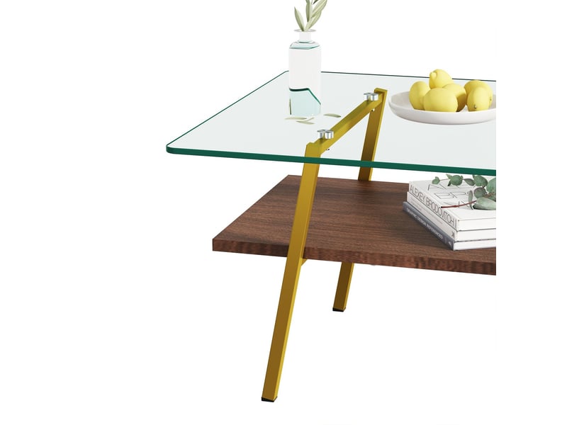  Table basse verre trempé forme rectangulaire pieds en métal finition dorée et marron  - Conforama D