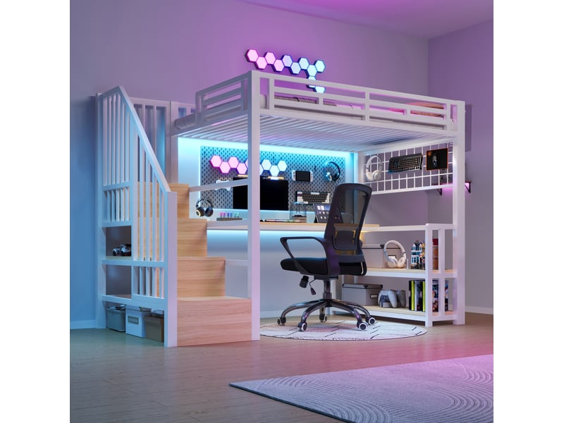  Lit mezzanine enfant 90 x 200 cm blanc avec bureau, rangements, led et prises usb  - Conforama D
