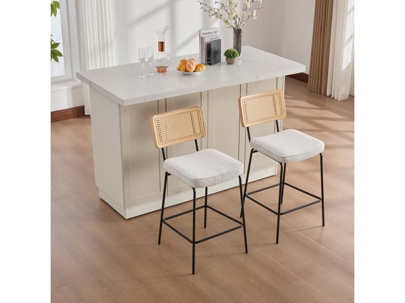  Lot de 2 tabourets de bar modernes ivoire en chenille, dossier effet rotin, pieds métal  - Conforama B