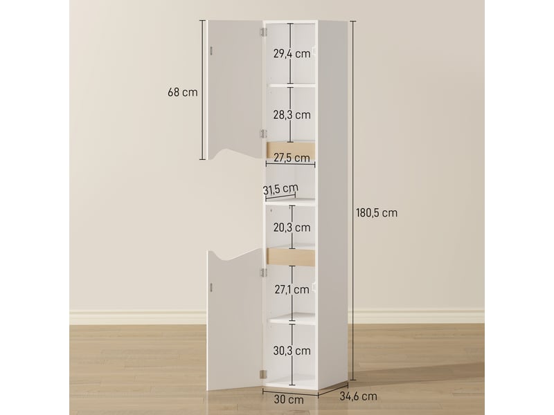  Meuble colonne salle de bain étroit, 2 portes, compartiments ouverts, 30 x 34,6 x 180,5 cm, étagères réglables, blanc  - Conforama C
