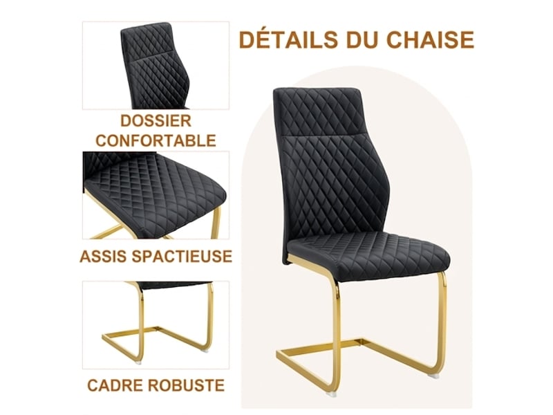  Ensemble table ronde ø85 cm et 2 chaises, verre trempé, pu noir et métal doré  - Conforama D