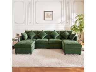 Canapé modulable ul 278x161x81 cm en chenille vert 2 poufs 6 coussins, assise profonde convertible salon appartement chic design