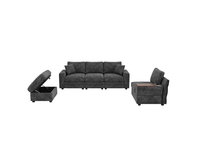  Canapé d'angle modulable gris 5 places avec pouf - tissu chenille, ports usbtype-c, table pivotante  - Conforama A