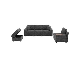 Canapé d'angle réversible convertible <strong>KORFEE</strong> <strong></strong> 5 places Tissu gris avec coffre de rangement