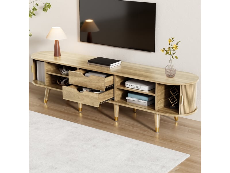  Meuble tv - 175x38x45cm - banc tv avec portes coulissantes à lattes, 2 tiroirs &amp; pieds embouts dorés - bois naturel  - Conforama D