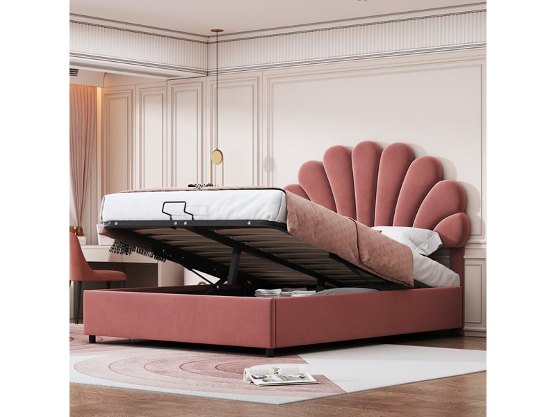 Lit coffre 140 × 200 cm 2 places avec rangement hydraulique et tête de lit réglable, sans matelas, rose - Conforama E