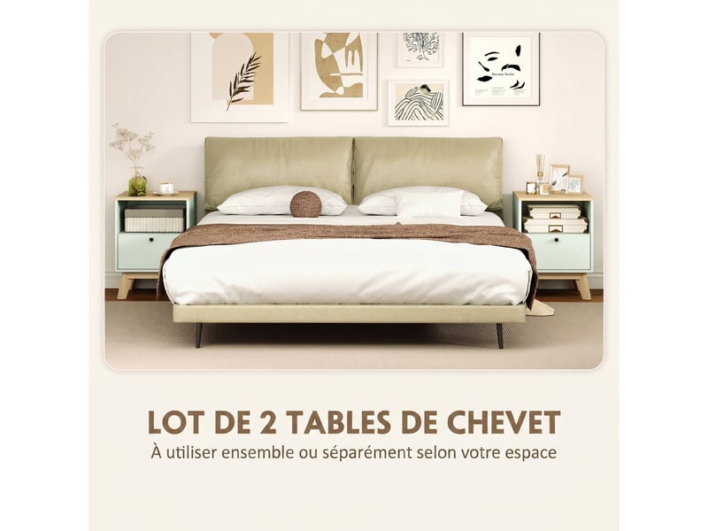  Lot de 2 tables de chevet, tables de nuit avec tiroir et compartiment ouvert, chêne et vert clair, 40 x 40 x 55 cm  - Conforama A