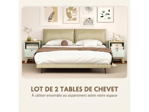 Lot de 2 tables de chevet, tables de nuit avec tiroir et compartiment ouvert, chêne et vert clair, 40 x 40 x 55 cm