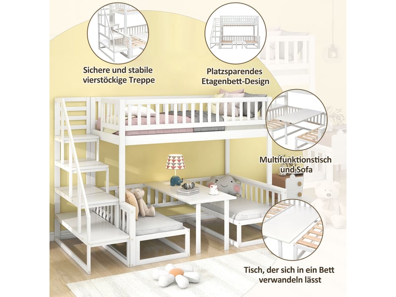 Lit superposé 90120x200 cm - lit combiné enfant avec escalier de rangement, bureau rabattable et banquette - sans matelas - bois pin + mdf - blanc - Conforama E