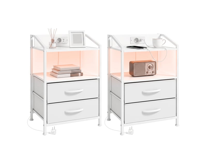  Lot de 2 tables de chevet led pour chambre avec chargeur, 40 x 30 x 60 cm, blanches  - Conforama A