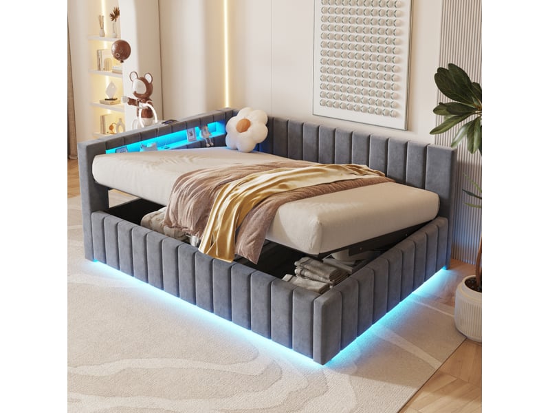 Lit double 140x200 cm coffre hydraulique, led usb, tête de lit velours, cadre à lattes, mdf, gris sans matelas  - Conforama B